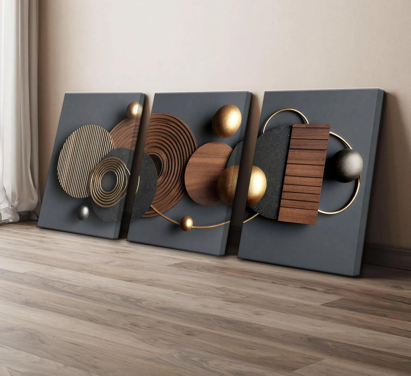 3D Textured 3Pcs Abstract Black Gold Geometric Boho Canvas Wall Art Mid Century Modern Minimalist Aesthetic Luxury Metal Artwork Pictures Wall Decor Posters Prints for Living room Office Home Decoration