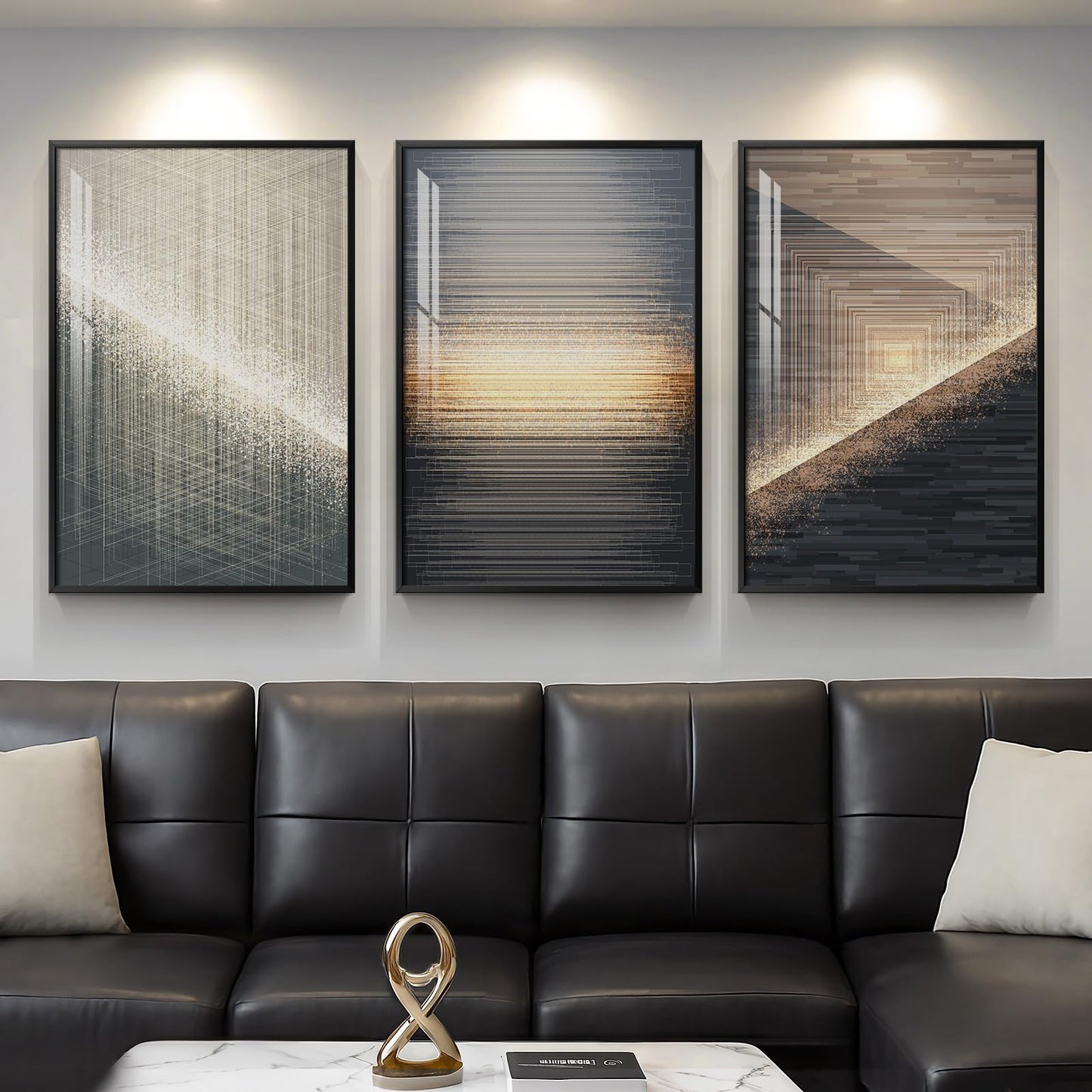 3-Piece 24×36" Gold Geometric Framed Wall Art Luxury Modern Decor for Living Room Office