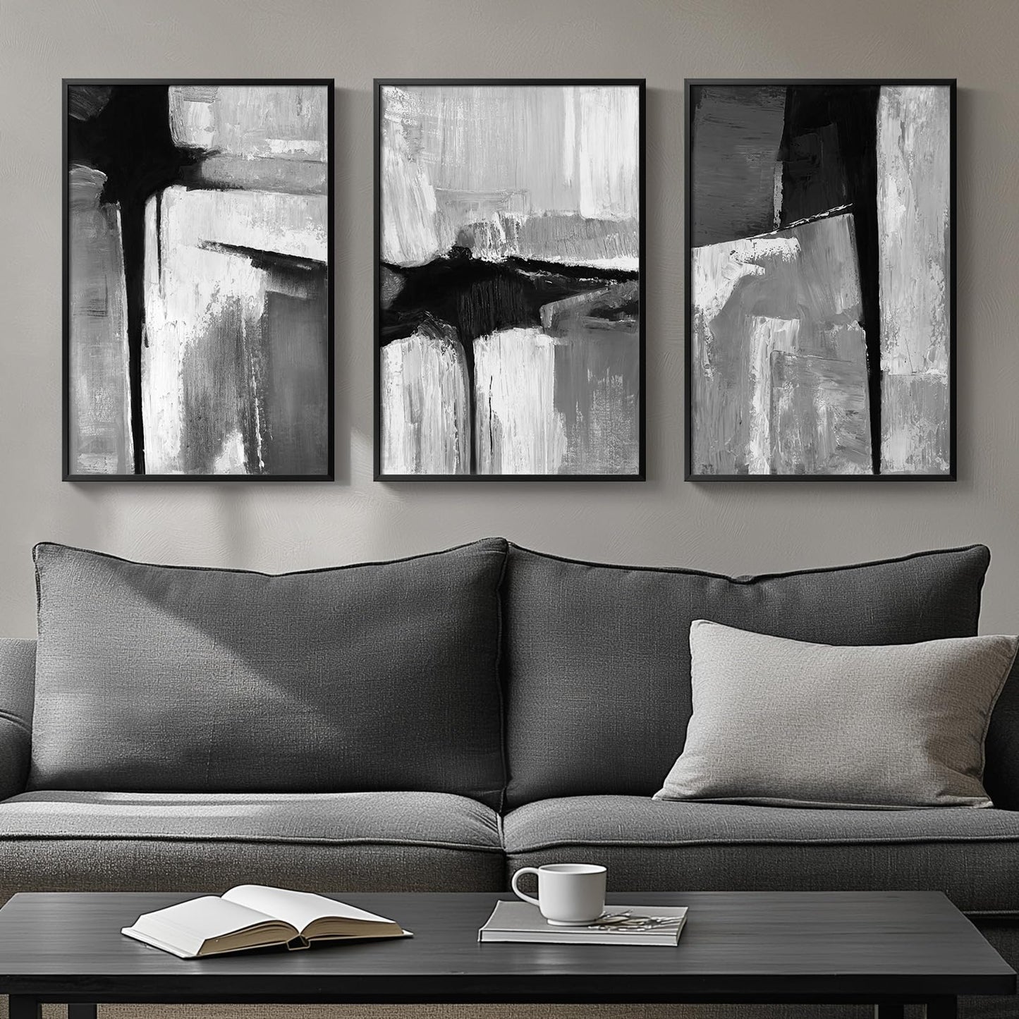 Large Framed Boho Modern Neutral Abstract Wall Art for Living Room, 3 Piece Black and White Canvas Prints Paintings Artwork for Walls, Geometric Pictures for Office Bedroom Dining Room Decor, 24x36 In