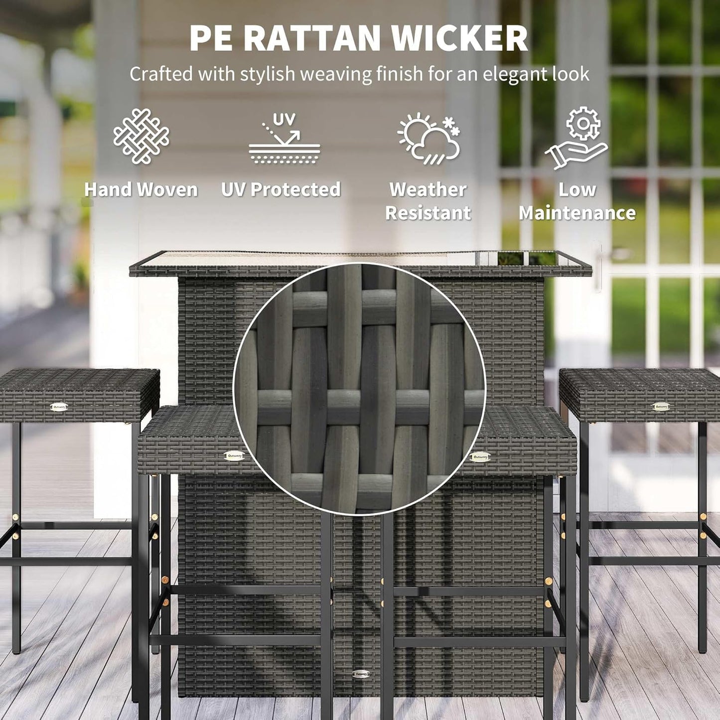 Outsunny 5 Piece Wicker Outdoor Bar Set, High Top Outdoor Table and Chairs, Height Patio Set with Glass Table Top 2 Tier Storage Shelf and 4 Bar Stools for Garden, Poolside, Dark Gray