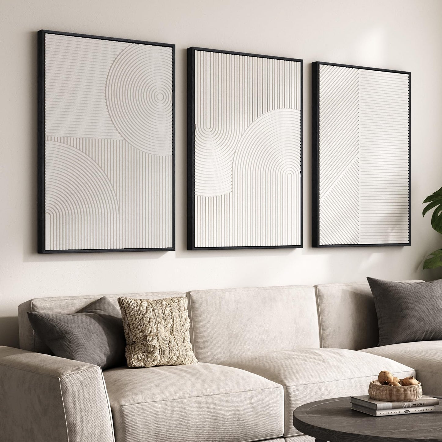 3D Textured Framed Abstract Wall Art, 3 Piece Modern Paintings Artwork for Walls, Black White Brown Geometric Sandstone Texture Pictures for Living Room Dining Room Bedroom Office Wall Decor 16x24 In