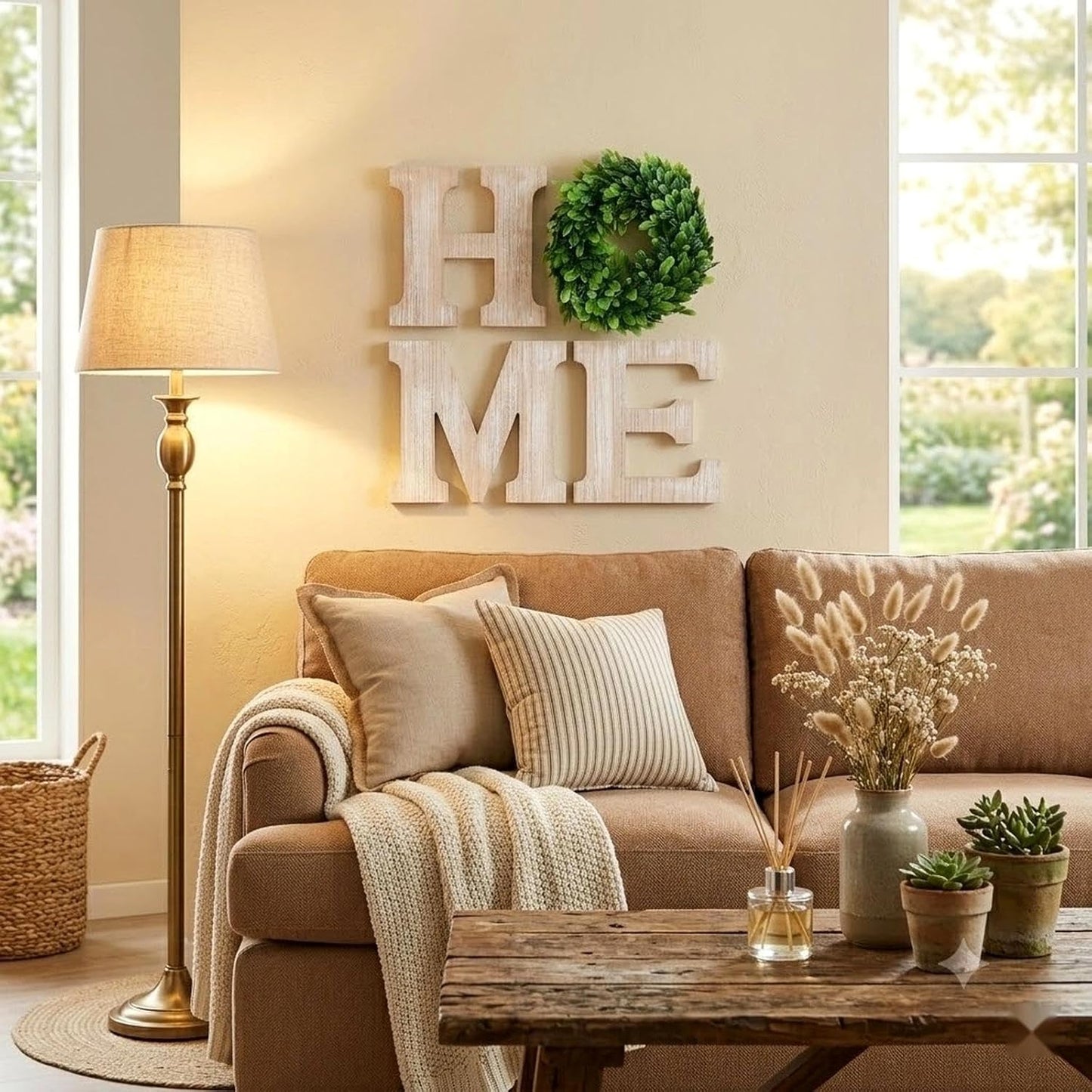 LOGOFUN Farmhouse Wall Home Sign Rustic Home Sign with Wreath Wooden Homes Hanging Letters Wall Art Wood Signs Decor for Living Room Kitchen