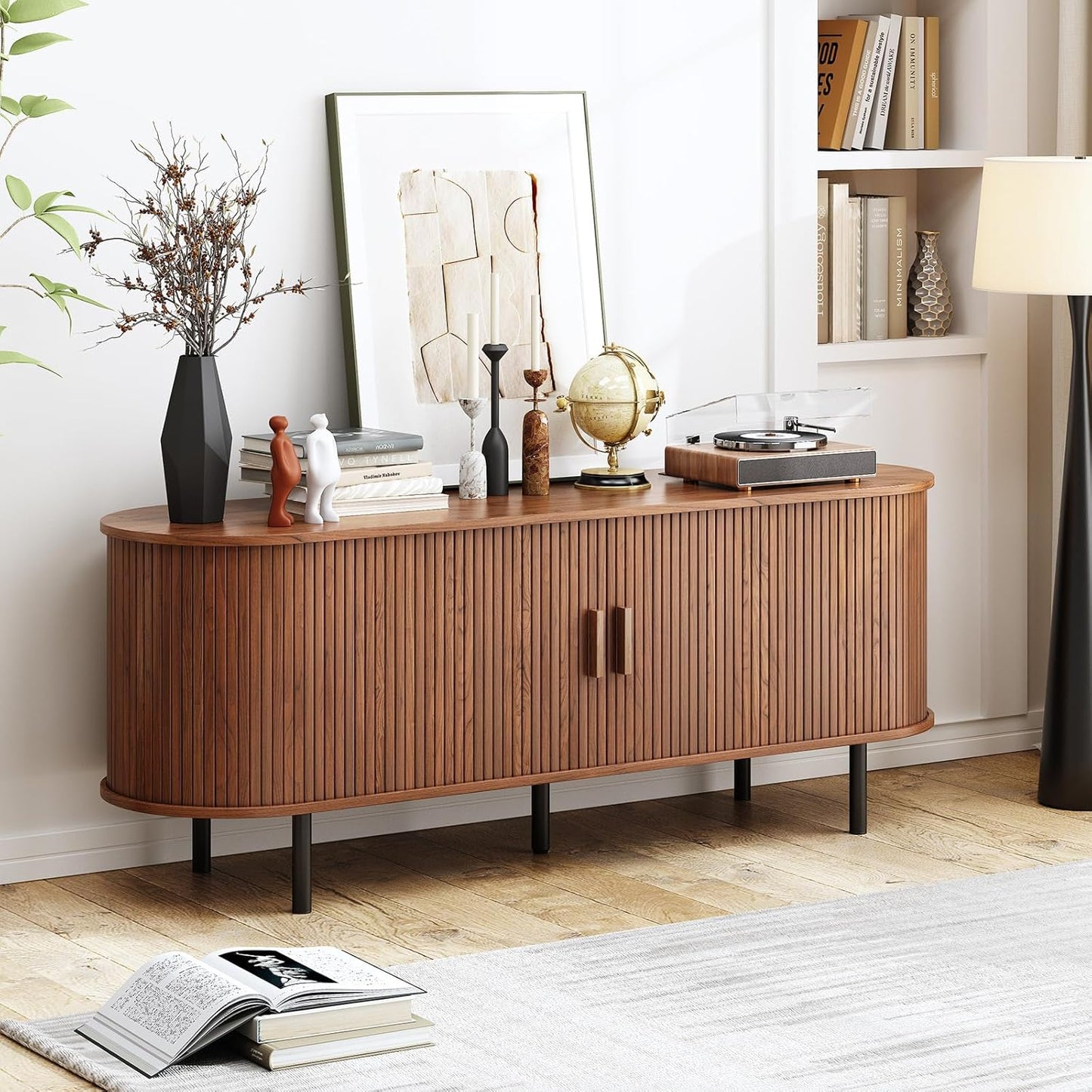 55" TV Stand with Power Outlet, Mid-Century Modern Television Stand, Fluted Media Console with Sliding Doors, Entertainment Center for TVs up to 60 Inch, Adjustable Shelves, Walnut