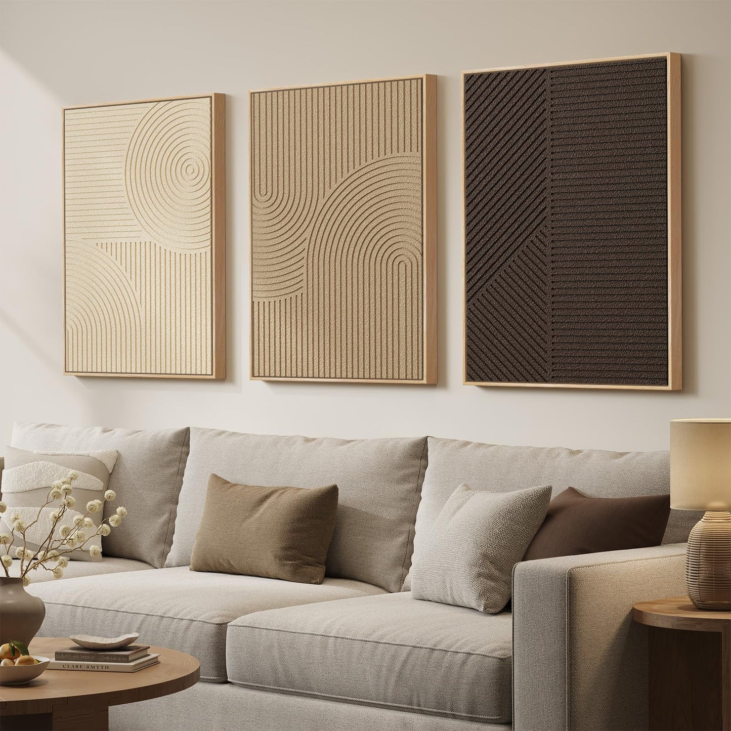 3D Textured Framed Abstract Wall Art, 3 Piece Modern Paintings Artwork for Walls, Black White Brown Geometric Sandstone Texture Pictures for Living Room Dining Room Bedroom Office Wall Decor 16x24 In