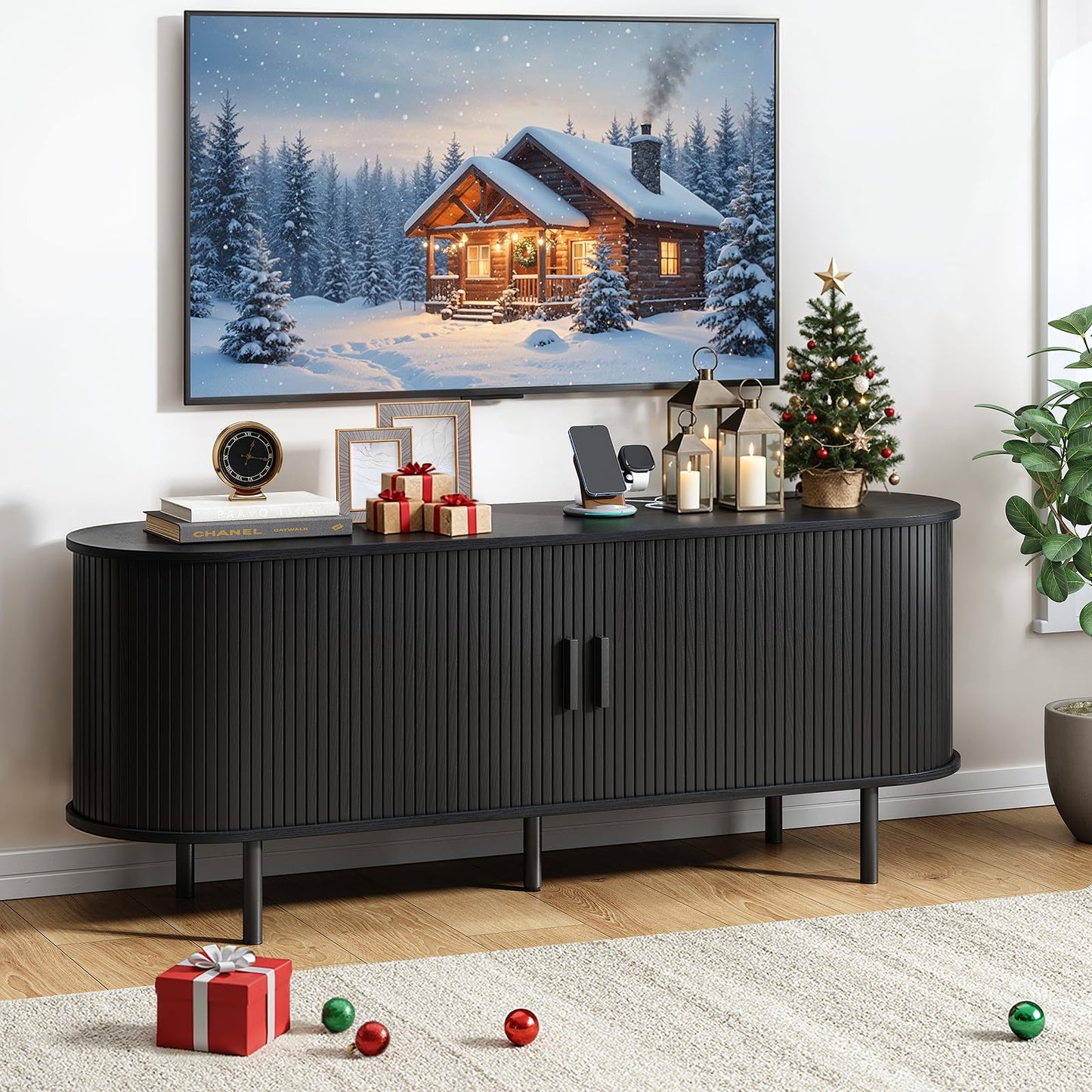55" TV Stand with Power Outlet, Mid-Century Modern Television Stand, Fluted Media Console with Sliding Doors, Entertainment Center for TVs up to 60 Inch, Adjustable Shelves, Walnut