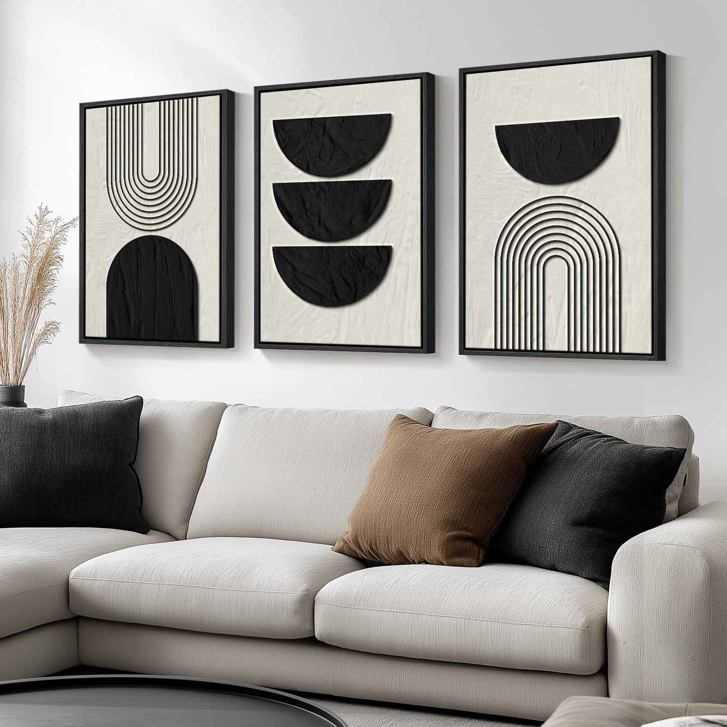 Large Framed Boho Modern Neutral Abstract Wall Art for Living Room, 3 Piece Black and White Canvas Prints Paintings Artwork for Walls, Geometric Pictures for Office Bedroom Dining Room Decor, 24x36 In