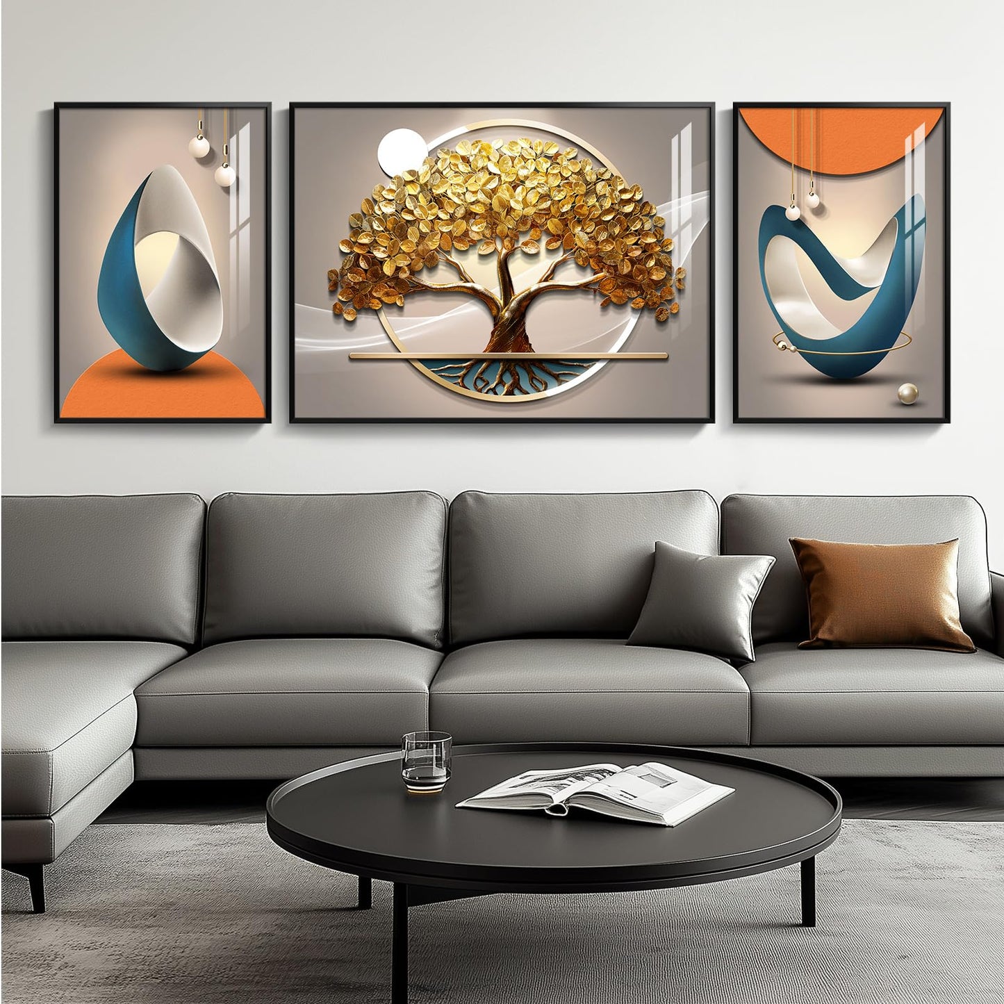 3-Piece 24×36" Gold Geometric Framed Wall Art Luxury Modern Decor for Living Room Office