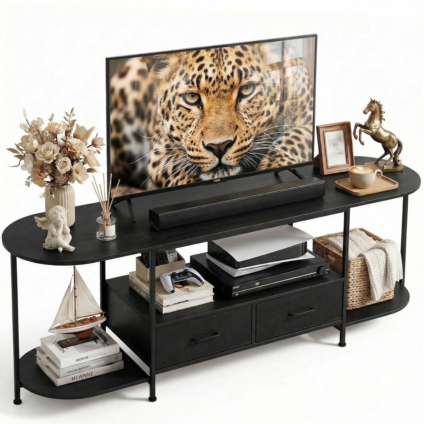 Faesun 63 Inch TV Stand for TVs Up to 70 Inch, Rustic Brown Entertainment Center with 2 Fabric Drawers, Modern TV Console Table with Curved Edge, Wood Media Stand for Living Room Bedroom