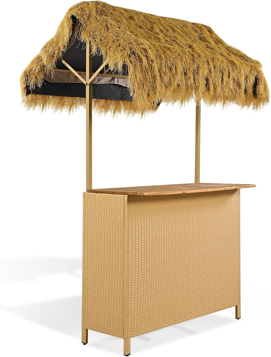 3-Piece Acacia Wood Tiki Bar Set with Thatched Canopy & 2 Stools for Outdoor Patio Poolside