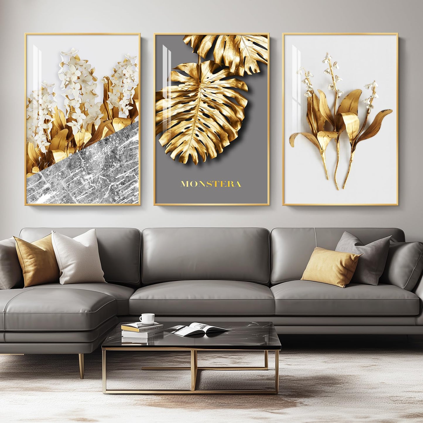 3-Piece 24×36" Gold Geometric Framed Wall Art Luxury Modern Decor for Living Room Office