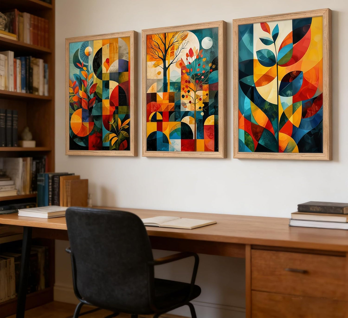 3 Pieces Geometric Abstract Canvas Wall Art Colorful Floral Painting Picture Wall Decor Mid Century Modern Poster Print Artwork for Living Room Bedroom Office Home Decoration