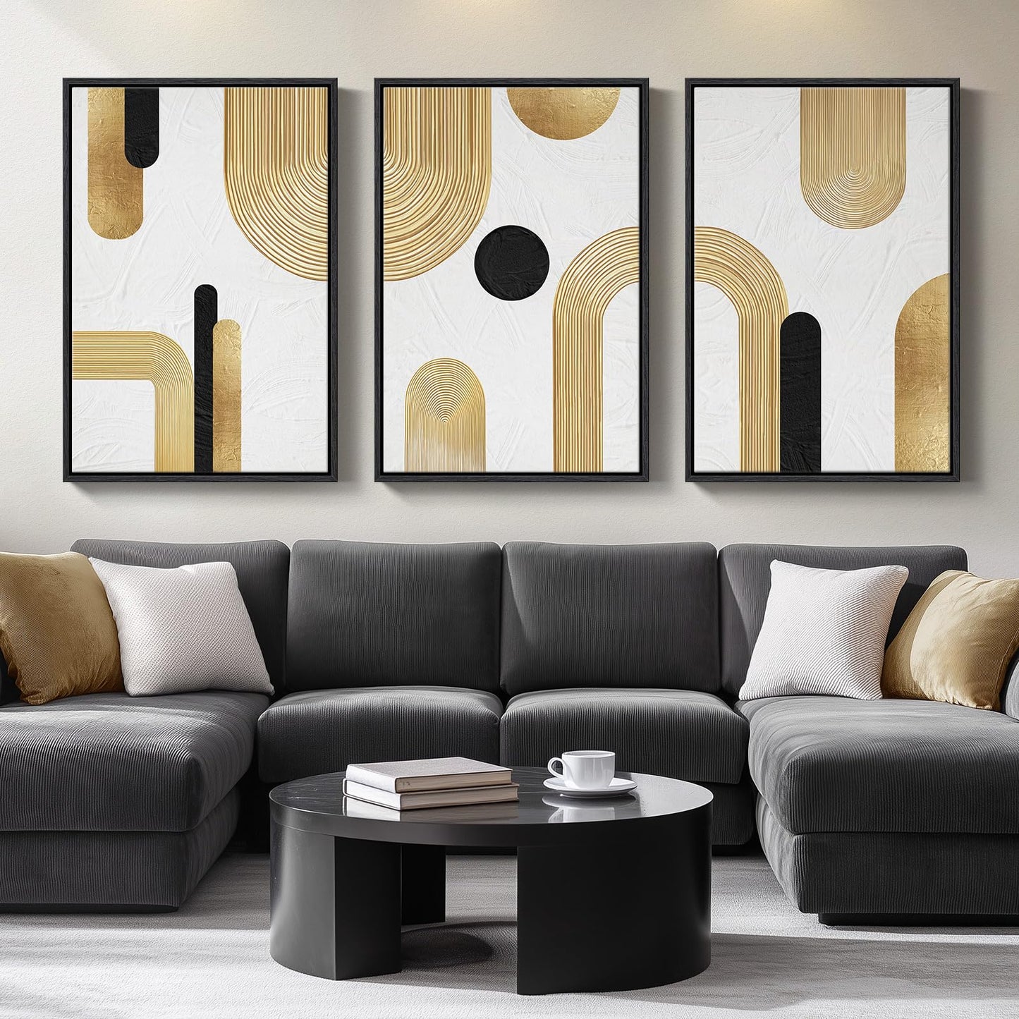 Large Framed Boho Modern Neutral Abstract Wall Art for Living Room, 3 Piece Black and White Canvas Prints Paintings Artwork for Walls, Geometric Pictures for Office Bedroom Dining Room Decor, 24x36 In