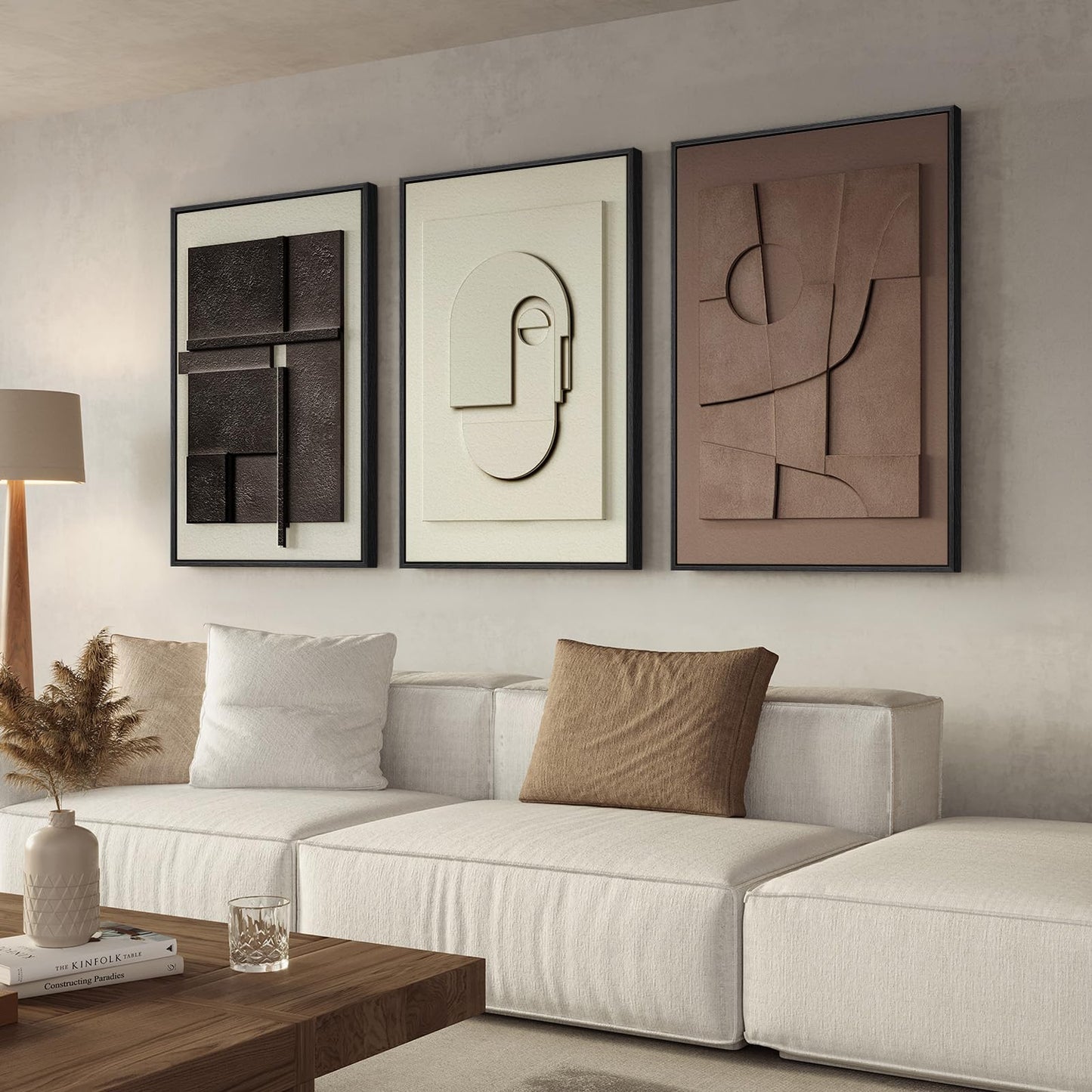 3D Textured Framed Abstract Wall Art, 3 Piece Modern Paintings Artwork for Walls, Black White Brown Geometric Sandstone Texture Pictures for Living Room Dining Room Bedroom Office Wall Decor 16x24 In