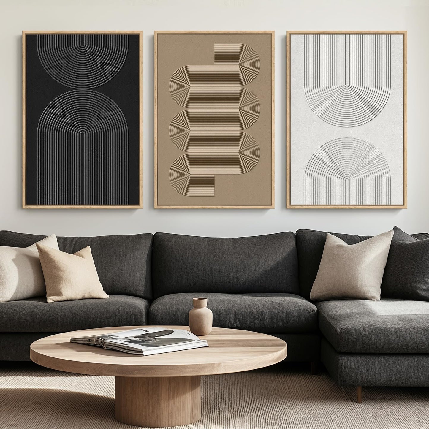 Large Framed Boho Modern Neutral Abstract Wall Art for Living Room, 3 Piece Black and White Canvas Prints Paintings Artwork for Walls, Geometric Pictures for Office Bedroom Dining Room Decor, 24x36 In
