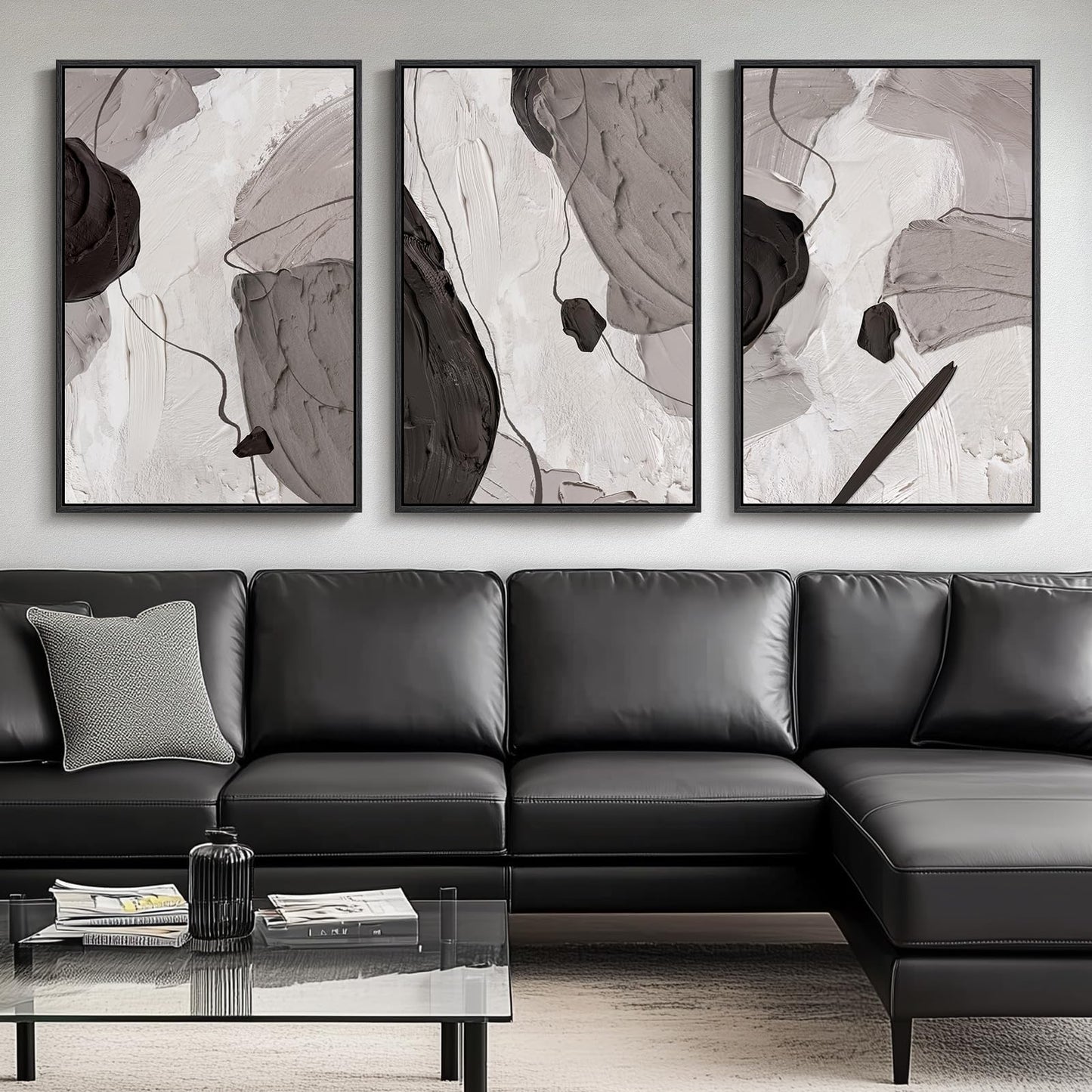 Large Framed Boho Modern Neutral Abstract Wall Art for Living Room, 3 Piece Black and White Canvas Prints Paintings Artwork for Walls, Geometric Pictures for Office Bedroom Dining Room Decor, 24x36 In