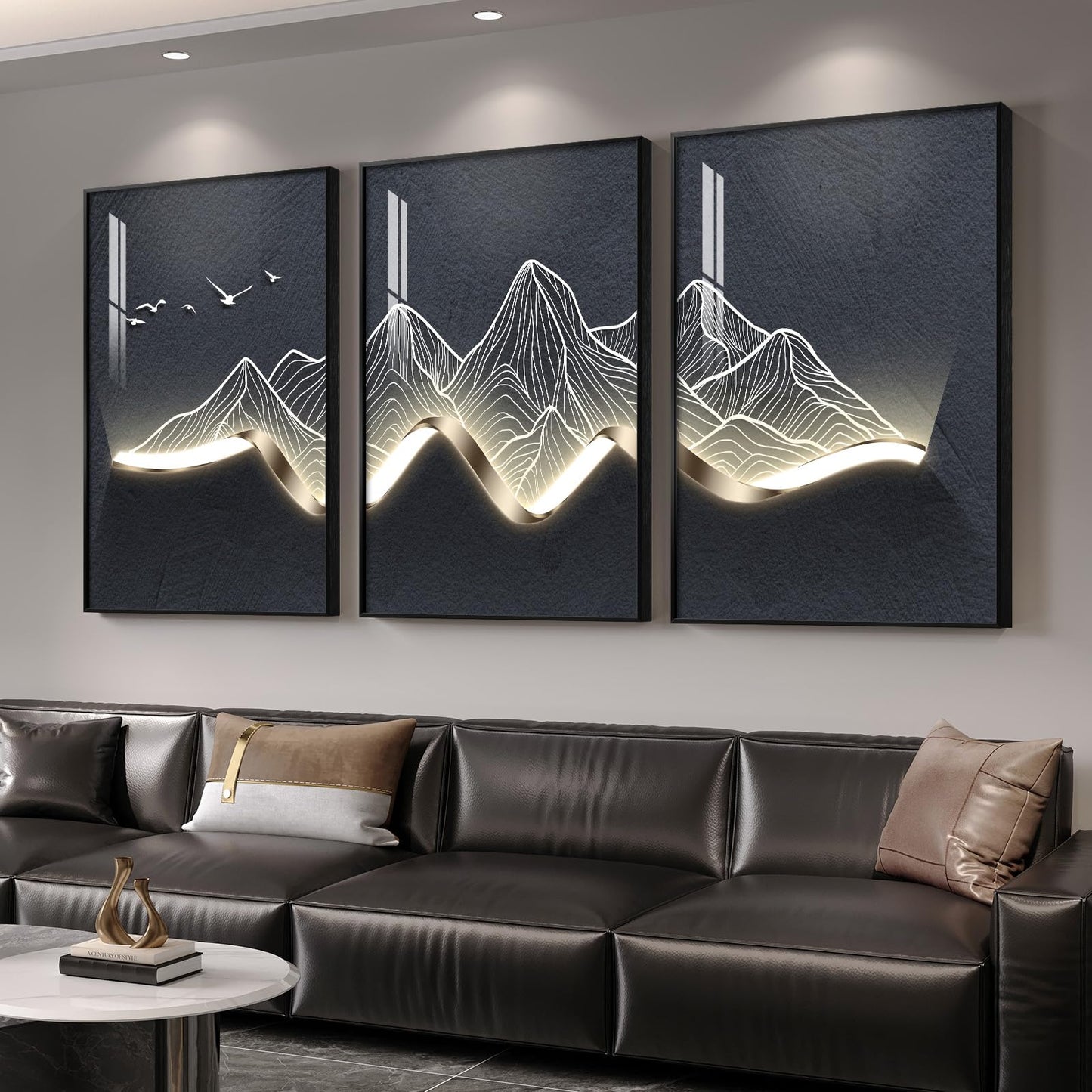 3-Piece 24×36" Gold Geometric Framed Wall Art Luxury Modern Decor for Living Room Office