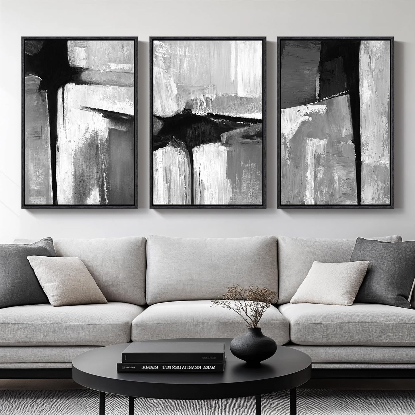 Large Framed Boho Modern Neutral Abstract Wall Art for Living Room, 3 Piece Black and White Canvas Prints Paintings Artwork for Walls, Geometric Pictures for Office Bedroom Dining Room Decor, 24x36 In