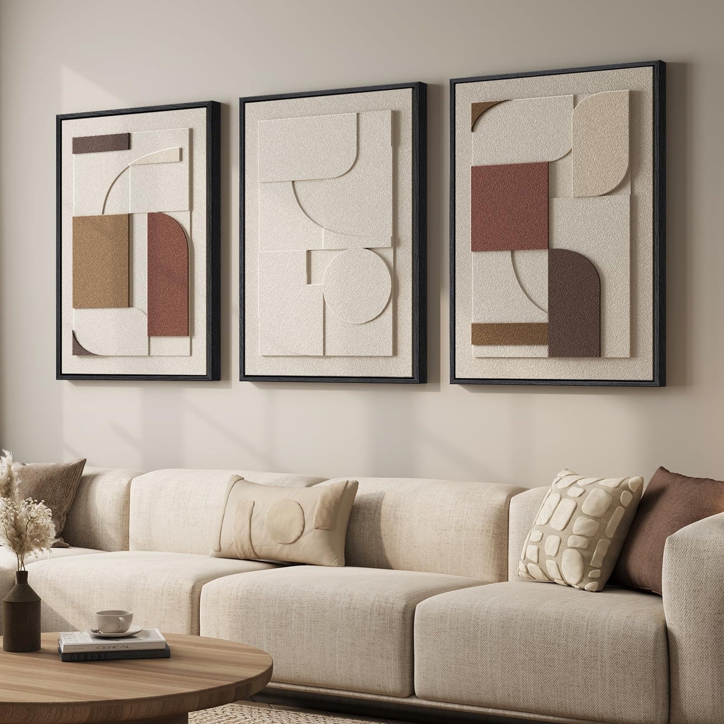 3D Textured Framed Abstract Wall Art, 3 Piece Modern Paintings Artwork for Walls, Black White Brown Geometric Sandstone Texture Pictures for Living Room Dining Room Bedroom Office Wall Decor 16x24 In