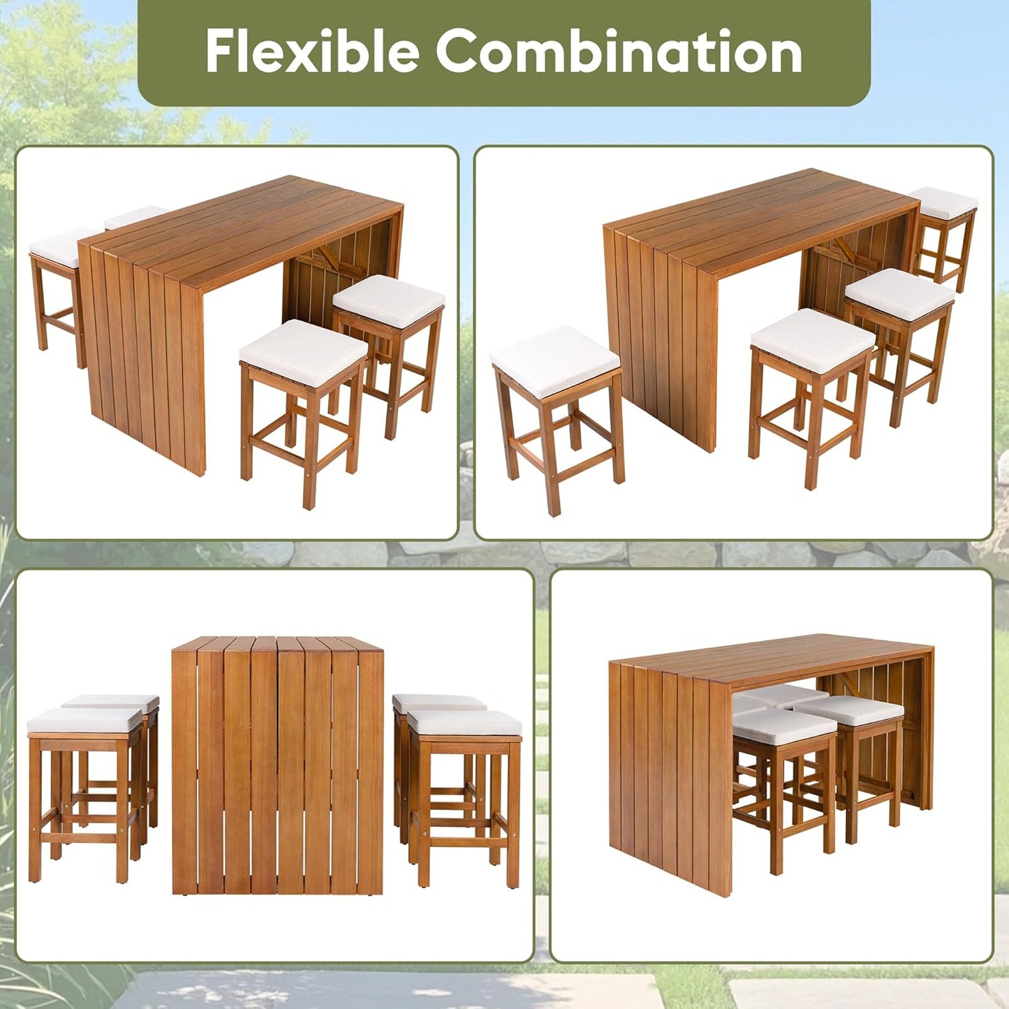 Merax 5 Piece Outdoor Acacia Wood Dining Table Bar Set, Patio Acacia Wood Bar Height Table & 4 Stools with Cushions, Wood Dining Bar Set for Backyard, Poolside, Balcony, Beige Cushion + Natural Wood