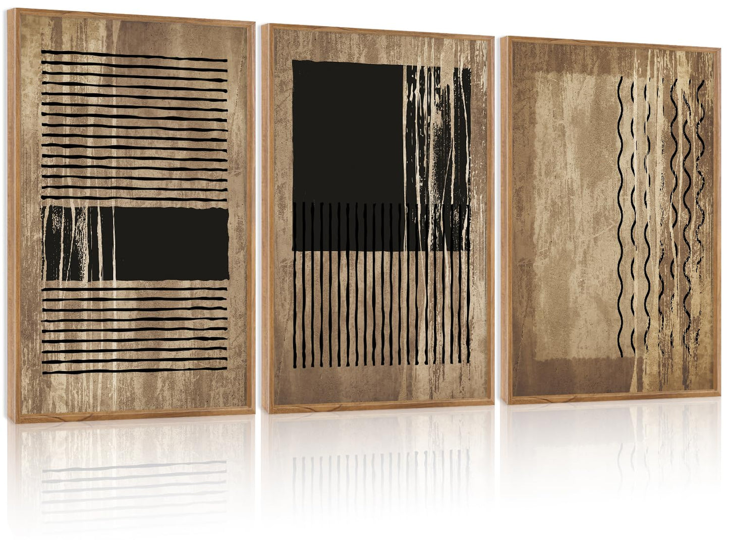 CHDITB Abstract Minimalist Framed Canvas Wall Art Set Of 3, Modern Mid Century Wall Decor, Geometric Line Textured Inspired Artwork, Neutral Art Print For Living Room Office Bedroom Decor (12X16 Inch)