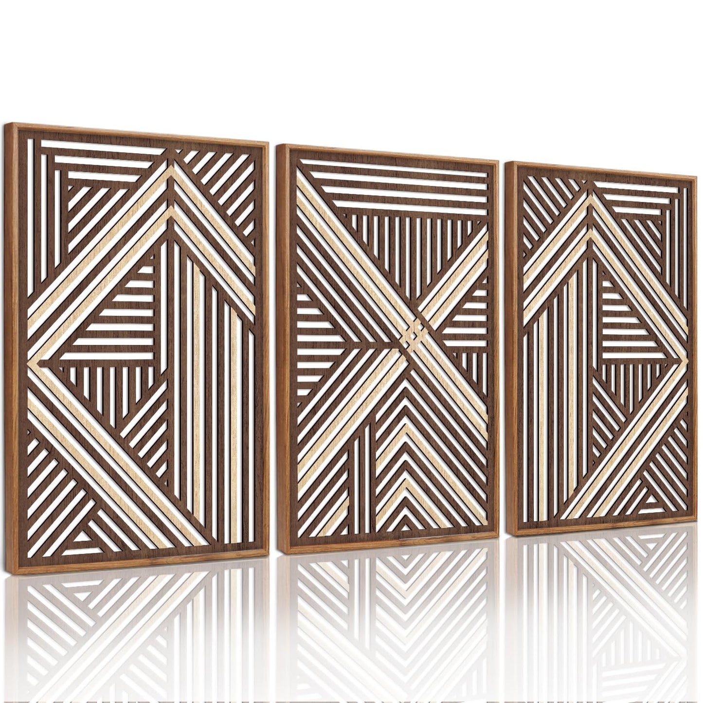 CHDITB Boho Geometric Wood Wall Art(Set of 3, 16"x24"), Large Modern Wooden Panel Hollow Line Art Decor, Rustic Abstract Minimalist Wall Hanging Artwork for Bedroom Living Room Office