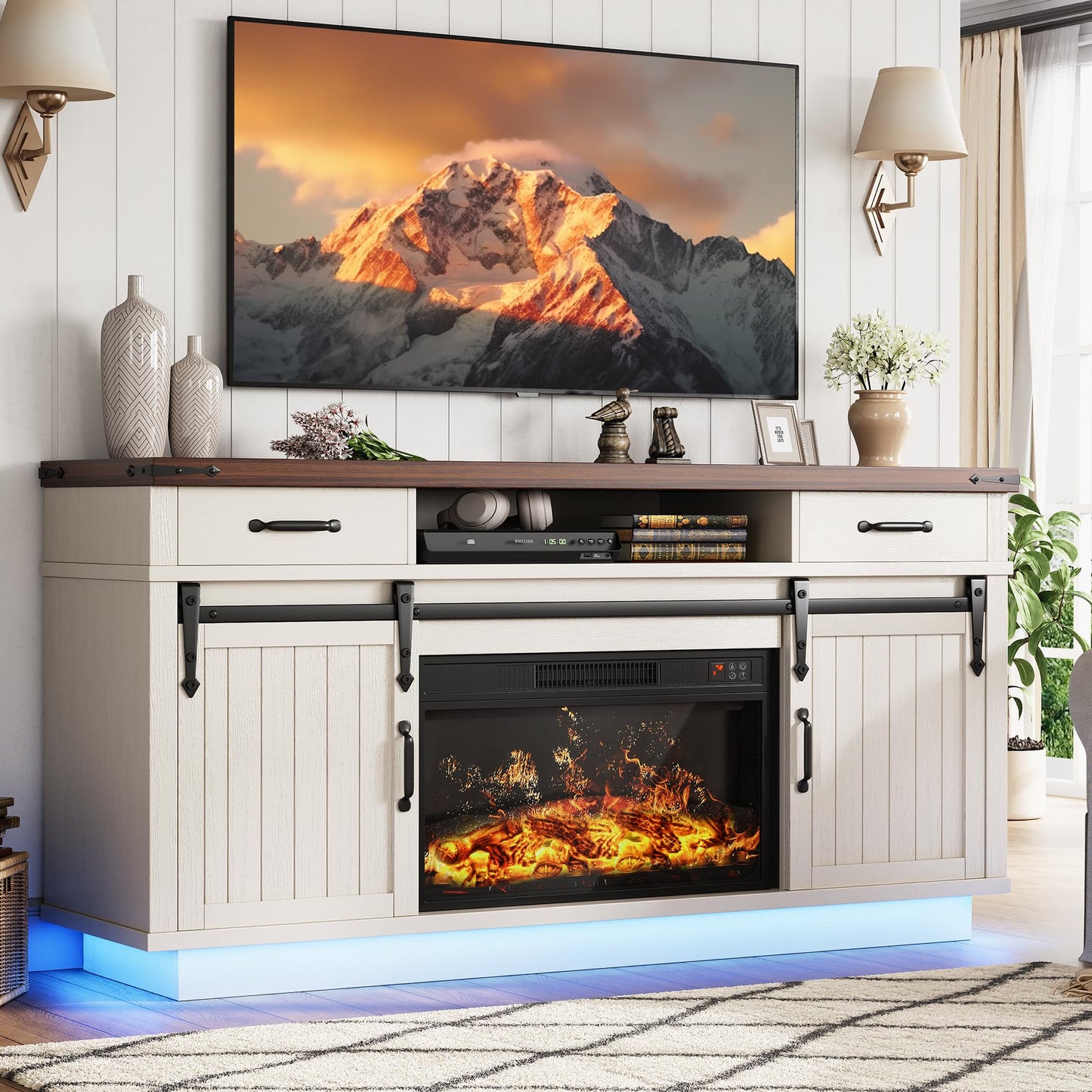 Jocoevol 58" Farmhouse Electric Fireplace TV Stand for TVs up to 65", Entertainment Center with 2 Large Storage Drawers, Sliding Barn Doors, Adjustable Shelves, TV Console for Living Room - Brown