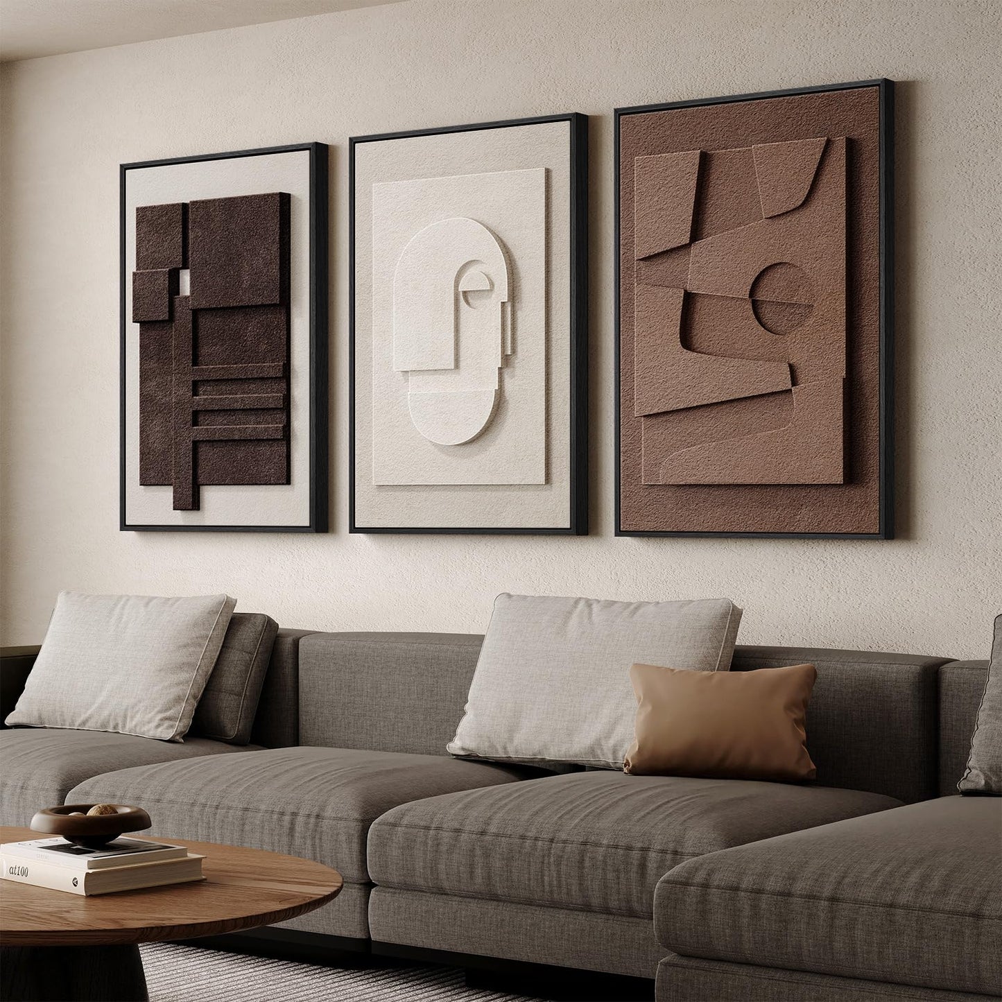 3D Textured Framed Abstract Wall Art, 3 Piece Modern Paintings Artwork for Walls, Black White Brown Geometric Sandstone Texture Pictures for Living Room Dining Room Bedroom Office Wall Decor 16x24 In