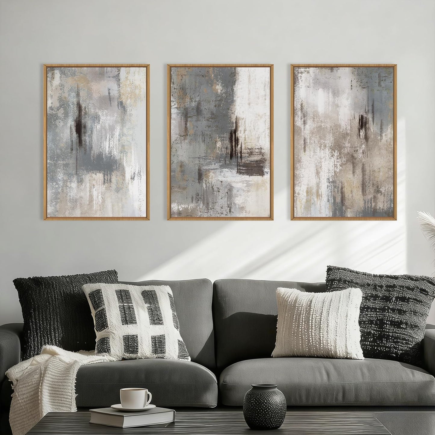 Large Abstract Black and Beige Framed Canvas Wall Art,Minimalist Geometric Lines Wall Decor,Cozy Neutral Shapes Artwork,Modern Lines Dots Art Print for Living Room,Bedroom,Office- 16"x24"x3