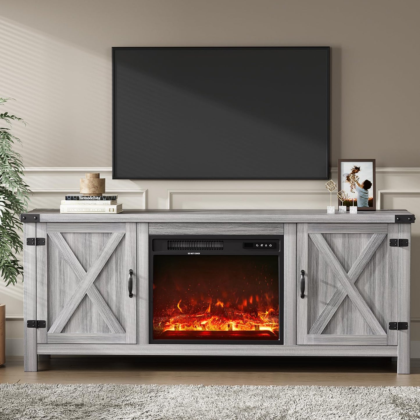 YESHOMY Modern Farmhouse TV Stand with Two Barn Doors and Storage Cabinets for Televisions up to 65+ Inch,Entertainment Center Console Table,Media Furniture for Living Room,58 Inch, Walnut,YH-TS103DWA