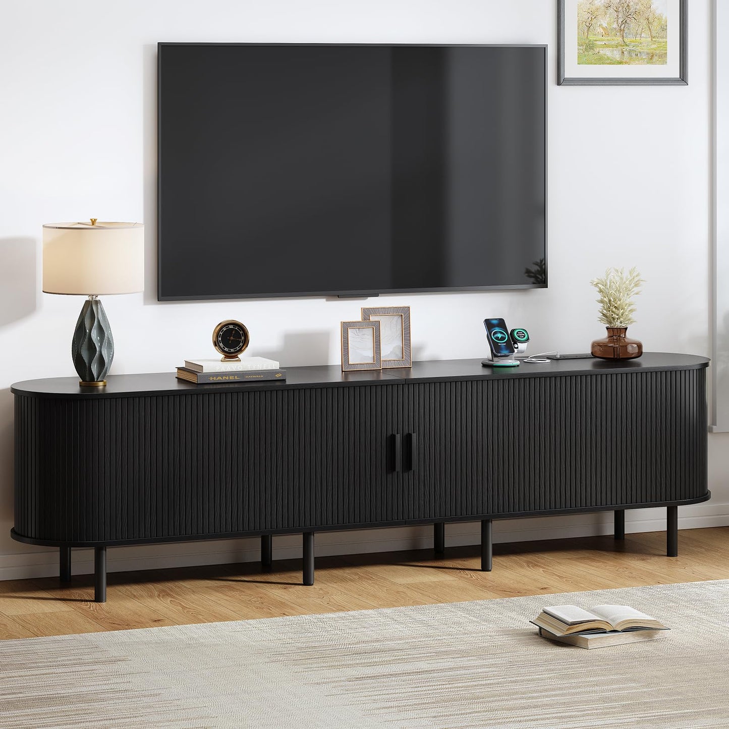 55" TV Stand with Power Outlet, Mid-Century Modern Television Stand, Fluted Media Console with Sliding Doors, Entertainment Center for TVs up to 60 Inch, Adjustable Shelves, Walnut