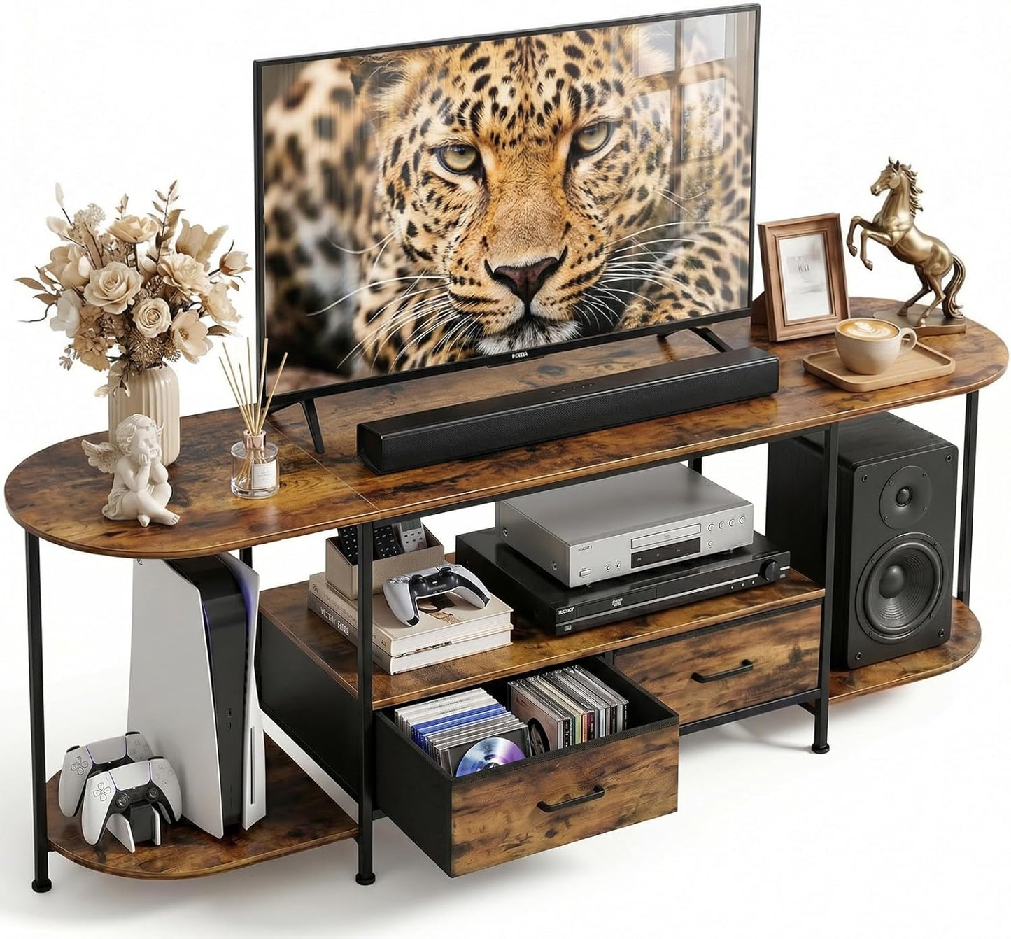 Faesun 63 Inch TV Stand for TVs Up to 70 Inch, Rustic Brown Entertainment Center with 2 Fabric Drawers, Modern TV Console Table with Curved Edge, Wood Media Stand for Living Room Bedroom