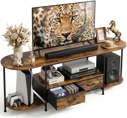 Faesun 63 Inch TV Stand for TVs Up to 70 Inch, Rustic Brown Entertainment Center with 2 Fabric Drawers, Modern TV Console Table with Curved Edge, Wood Media Stand for Living Room Bedroom