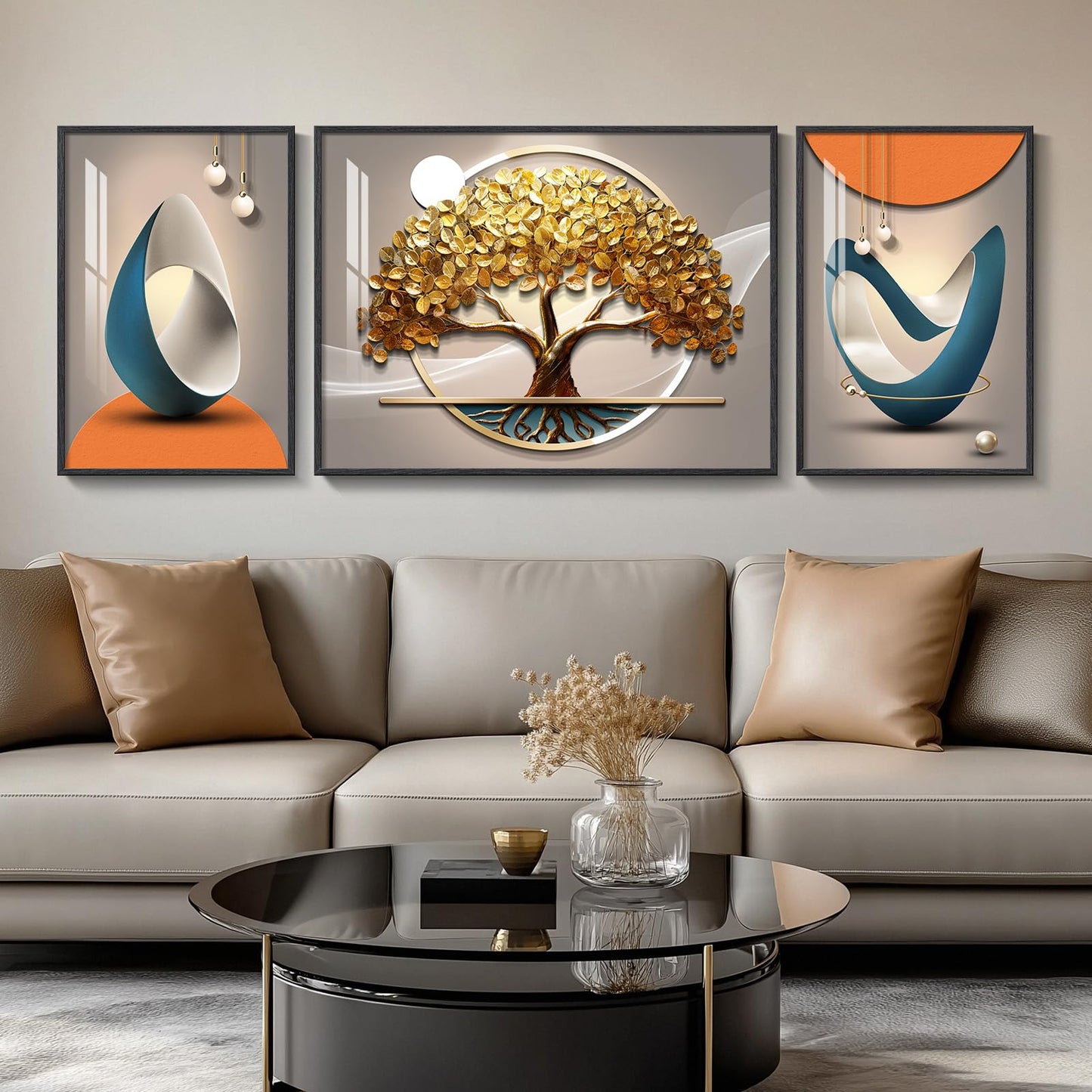 3-Piece 24×36" Gold Geometric Framed Wall Art Luxury Modern Decor for Living Room Office