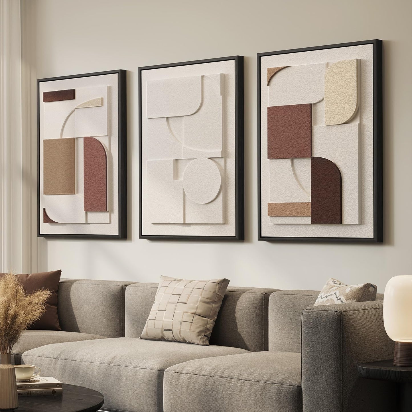 3D Textured Framed Abstract Wall Art, 3 Piece Modern Paintings Artwork for Walls, Black White Brown Geometric Sandstone Texture Pictures for Living Room Dining Room Bedroom Office Wall Decor 16x24 In