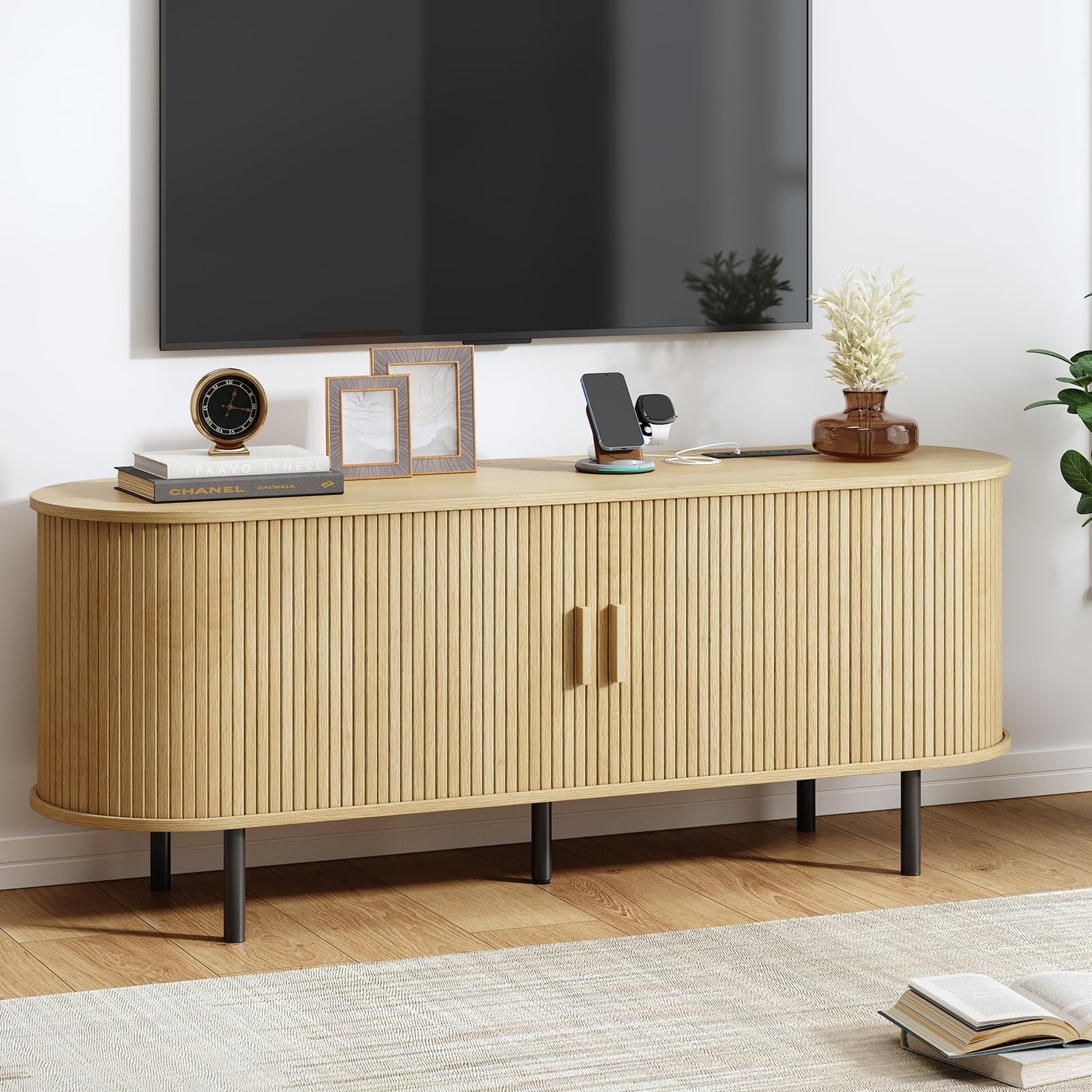 55" TV Stand with Power Outlet, Mid-Century Modern Television Stand, Fluted Media Console with Sliding Doors, Entertainment Center for TVs up to 60 Inch, Adjustable Shelves, Walnut