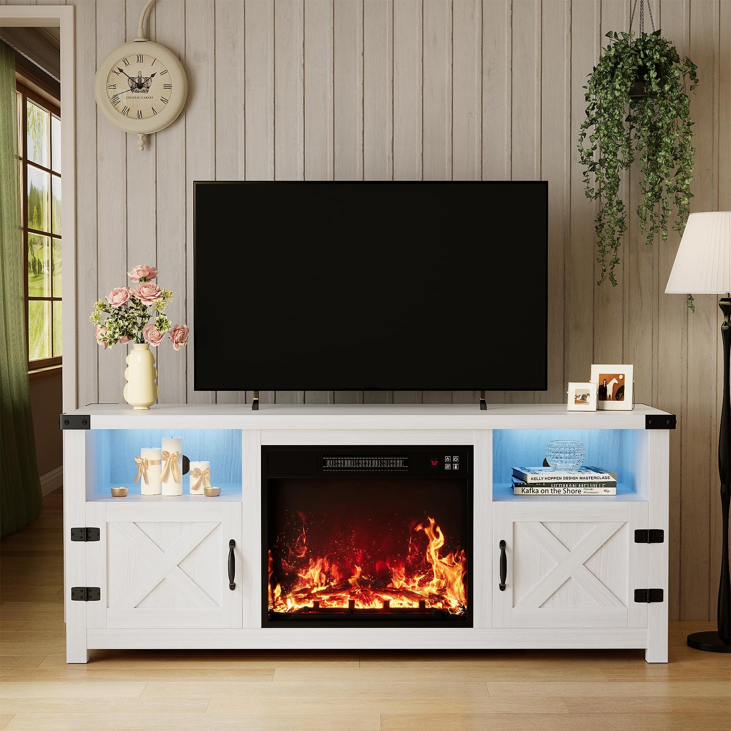 YESHOMY Modern Farmhouse TV Stand with Two Barn Doors and Storage Cabinets for Televisions up to 65+ Inch,Entertainment Center Console Table,Media Furniture for Living Room,58 Inch, Walnut,YH-TS103DWA