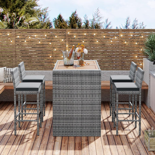 5-Pieces Outdoor Patio Wicker Bar Set, Outside Bar with 4 Chairs Set for Backyard High Top Patio Table and Chairs with Removable Cushion, Acacia Wood Table Top, Non-Slip Feet And Fixed Rope, Grey