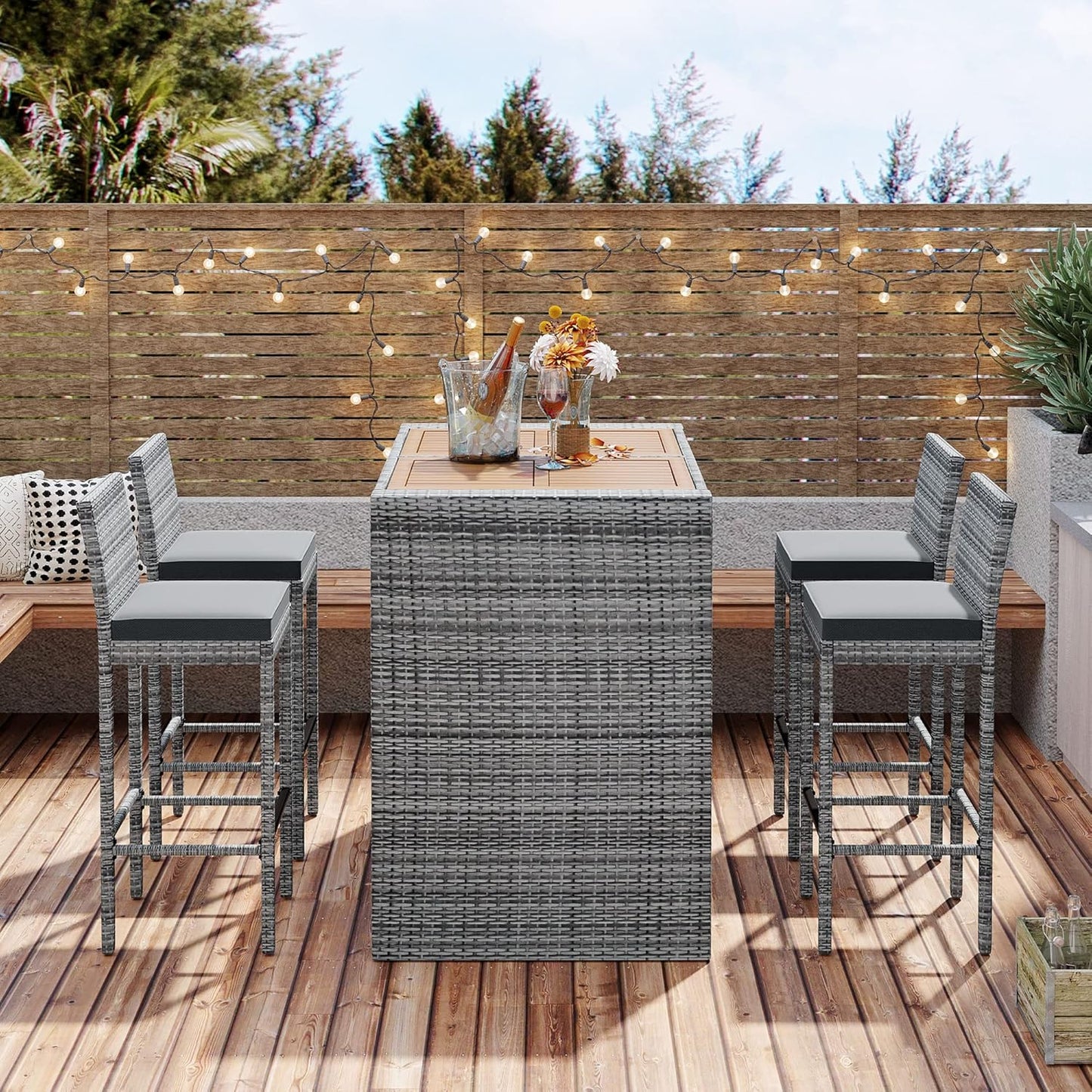 Merax 5 Pieces Outdoor Patio Wicker Bar Set, 4 Bar Height Chairs with Nonslip Feet and Gray Removable Cushion, Dining Table with Brown Acacia Wood Top and Gray Wicker