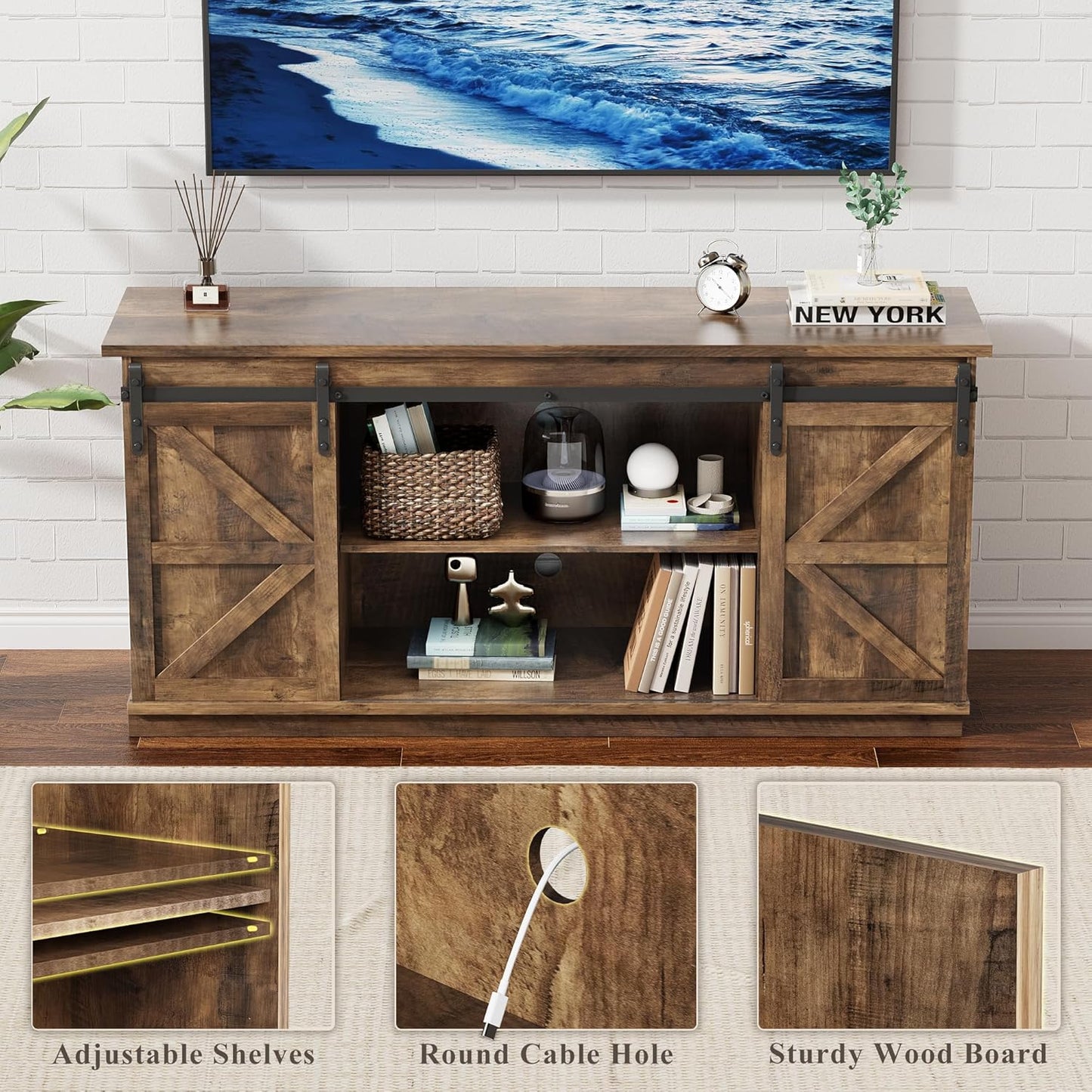 YESHOMY TV Stand for Televisions up to 65 Inches, with Sliding Barn Doors and Storage Cabinets, Console Table and Media Furniture for Living Room, 58 Inch, Barnwood