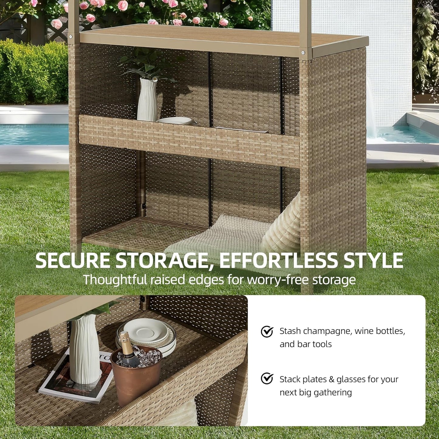 Outdoor Tiki Bar Set, 3 Pieces All-Weather Wicker Patio Bar Set with 2 Height Stools and Storage, Outdoor Bar Set for Outside Patio, Garden, Backyard,Yellow