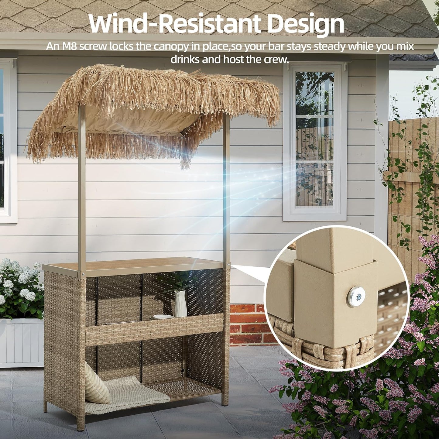Outdoor Tiki Bar Set, 3 Pieces All-Weather Wicker Patio Bar Set with 2 Height Stools and Storage, Outdoor Bar Set for Outside Patio, Garden, Backyard,Yellow