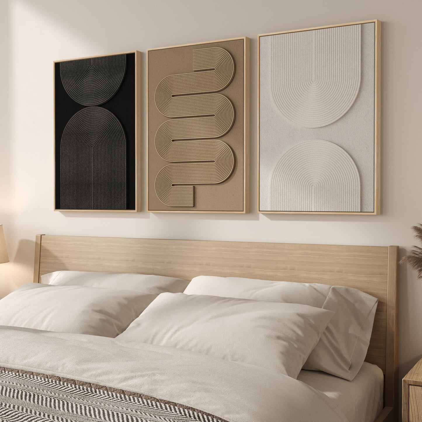 3D Textured Framed Abstract Wall Art, 3 Piece Modern Paintings Artwork for Walls, Black White Brown Geometric Sandstone Texture Pictures for Living Room Dining Room Bedroom Office Wall Decor 16x24 In