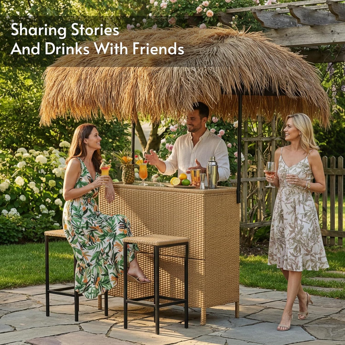 Outdoor Tiki Bar Set with Widen Hula Thatched Shade(48" L), 3-Piece Wicker Outside Tiki Bars with 2 Stools, Hawaiian Style Beach Outside Bars for Patio, Garden, Poolside, Backyard