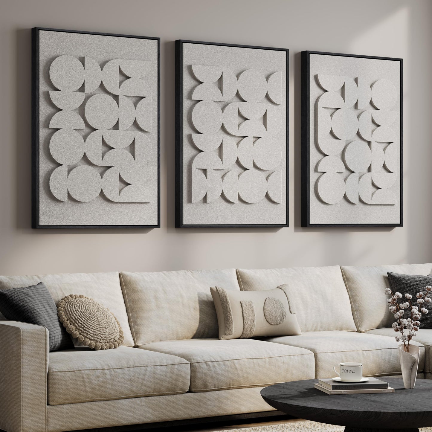 3D Textured Framed Abstract Wall Art, 3 Piece Modern Paintings Artwork for Walls, Black White Brown Geometric Sandstone Texture Pictures for Living Room Dining Room Bedroom Office Wall Decor 16x24 In