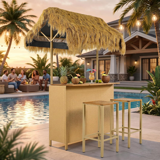 3-Piece Acacia Wood Tiki Bar Set with Thatched Canopy & 2 Stools for Outdoor Patio Poolside