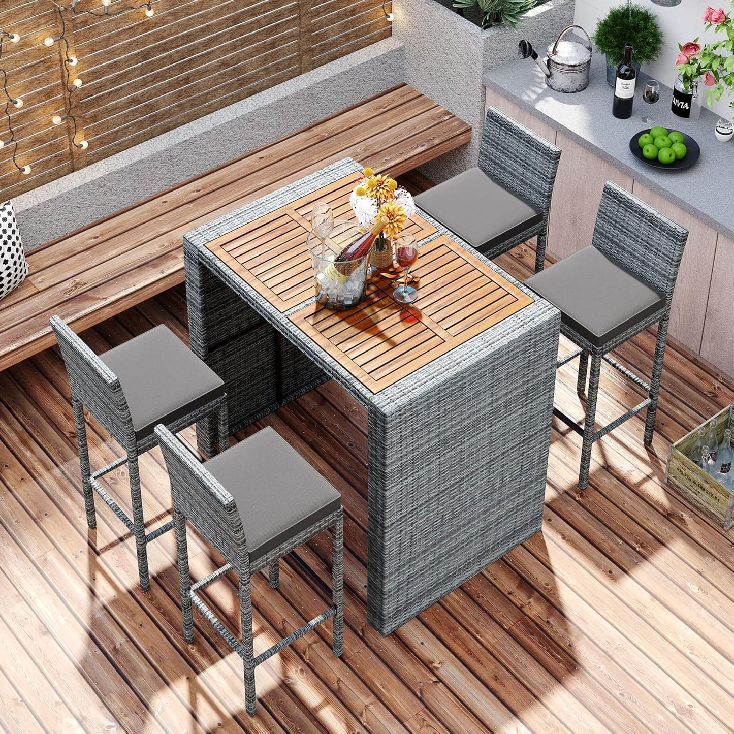 5-Pieces Outdoor Patio Wicker Bar Set, Outside Bar with 4 Chairs Set for Backyard High Top Patio Table and Chairs with Removable Cushion, Acacia Wood Table Top, Non-Slip Feet And Fixed Rope, Grey
