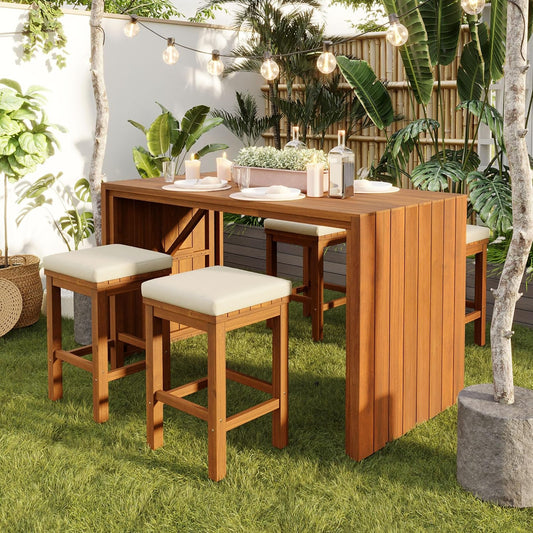 Merax 5 Piece Outdoor Acacia Wood Dining Table Bar Set, Patio Acacia Wood Bar Height Table & 4 Stools with Cushions, Wood Dining Bar Set for Backyard, Poolside, Balcony, Beige Cushion + Natural Wood