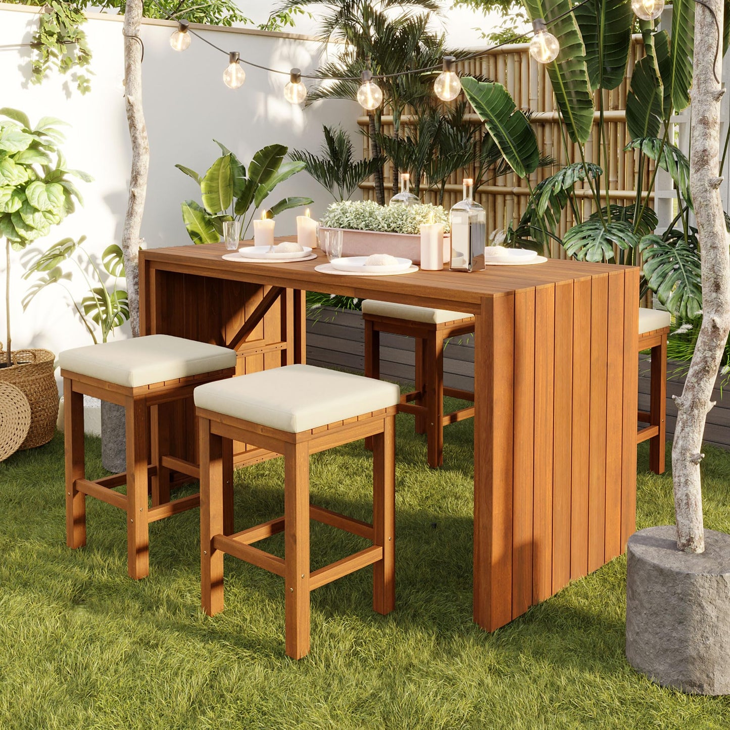 5-Pieces Outdoor Patio Wicker Bar Set, Outside Bar with 4 Chairs Set for Backyard High Top Patio Table and Chairs with Removable Cushion, Acacia Wood Table Top, Non-Slip Feet And Fixed Rope, Grey