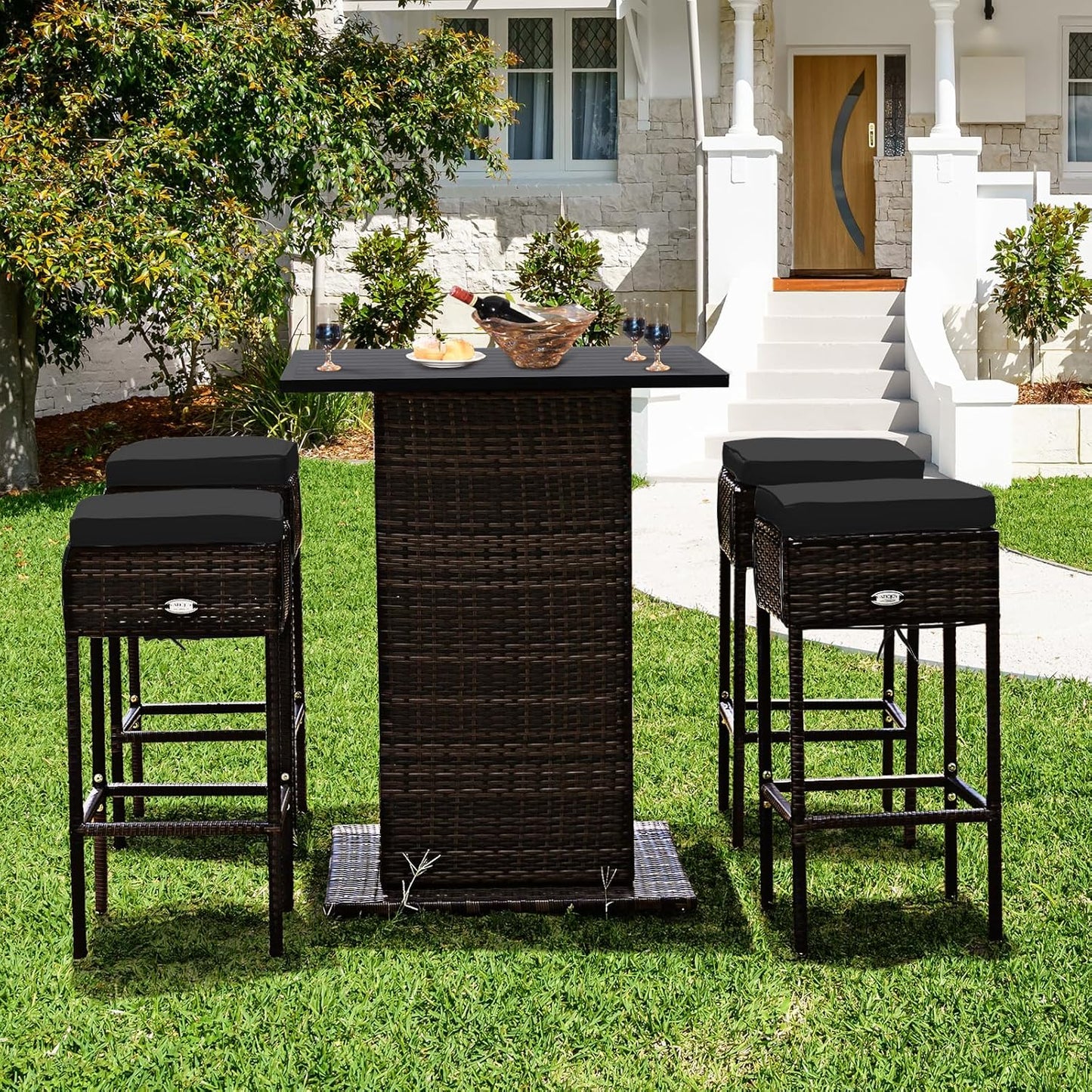 HAPPYGRILL 5 Pieces Rattan Bar Set, Outdoor Wicker Bar Table and 4 Bar Stools, Heavy-Duty Steel Frame, Patio Bar Furniture Set with Cushions, Black