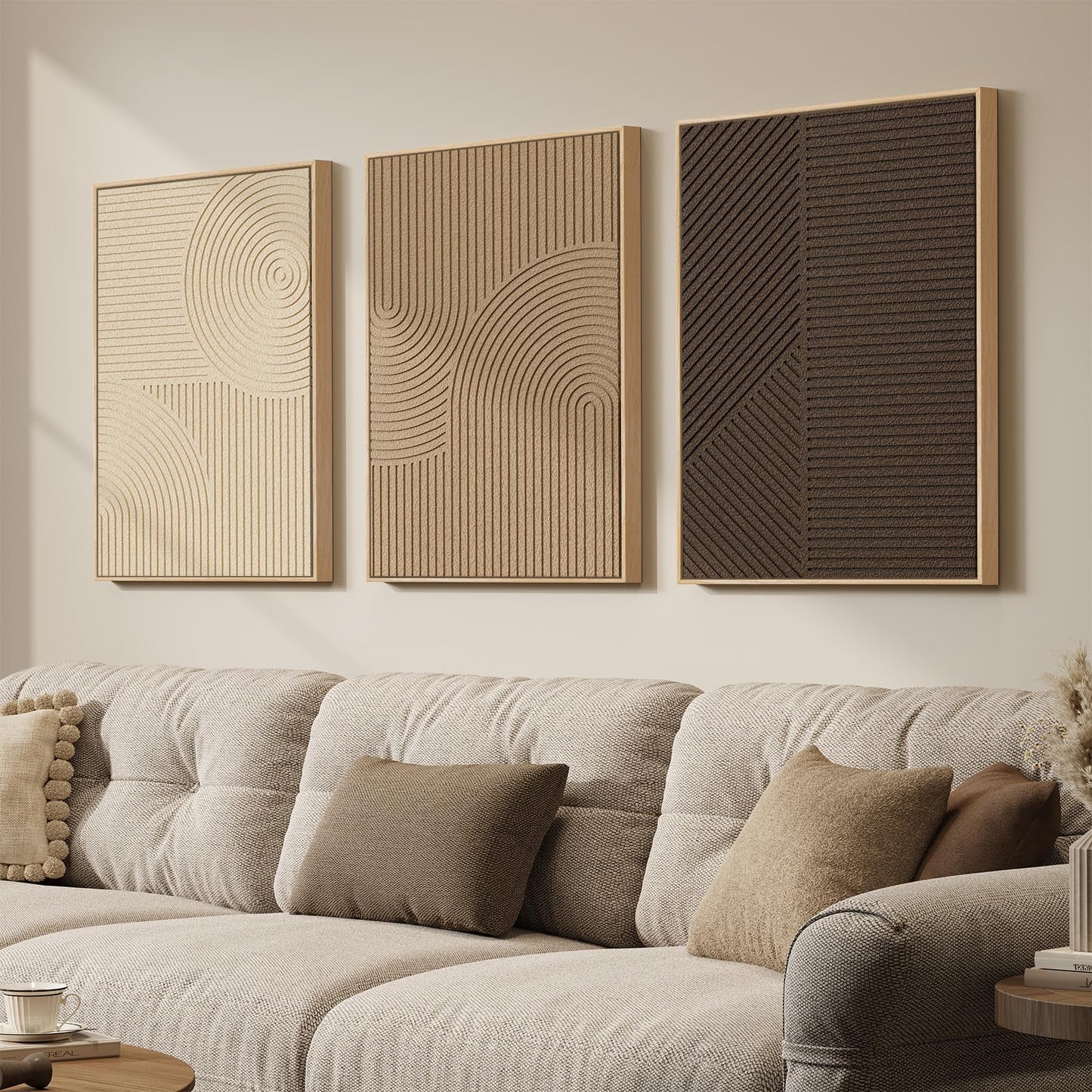 3D Textured Framed Abstract Wall Art, 3 Piece Modern Paintings Artwork for Walls, Black White Brown Geometric Sandstone Texture Pictures for Living Room Dining Room Bedroom Office Wall Decor 16x24 In